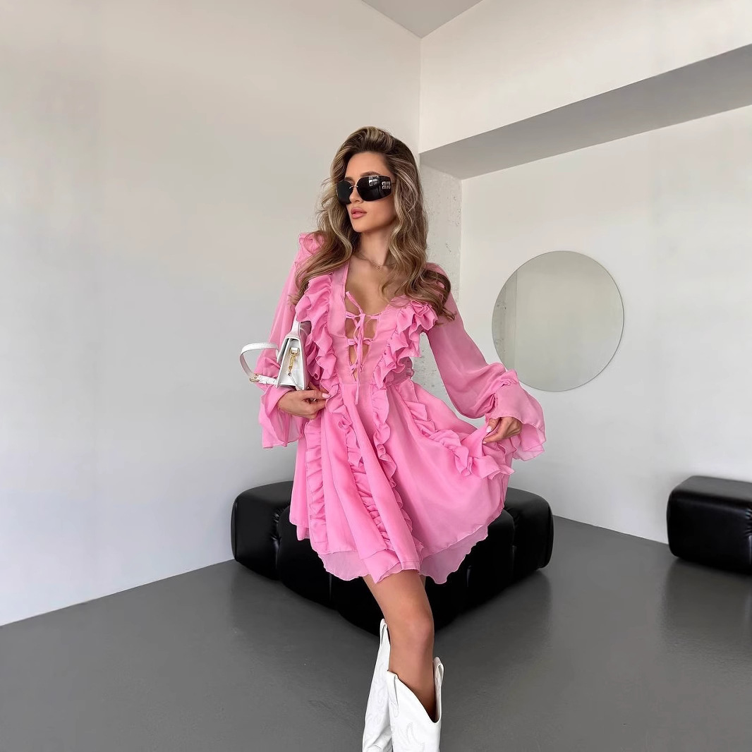 Flowy Chiffon V-Neck Ruffle A-Line Dress with Tie and Long Sleeves
