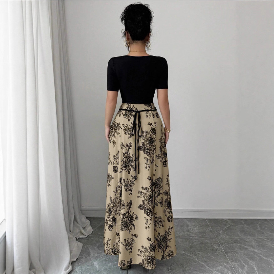 Women's Floral Print Short Sleeve Square Neck Tie Midi Dress