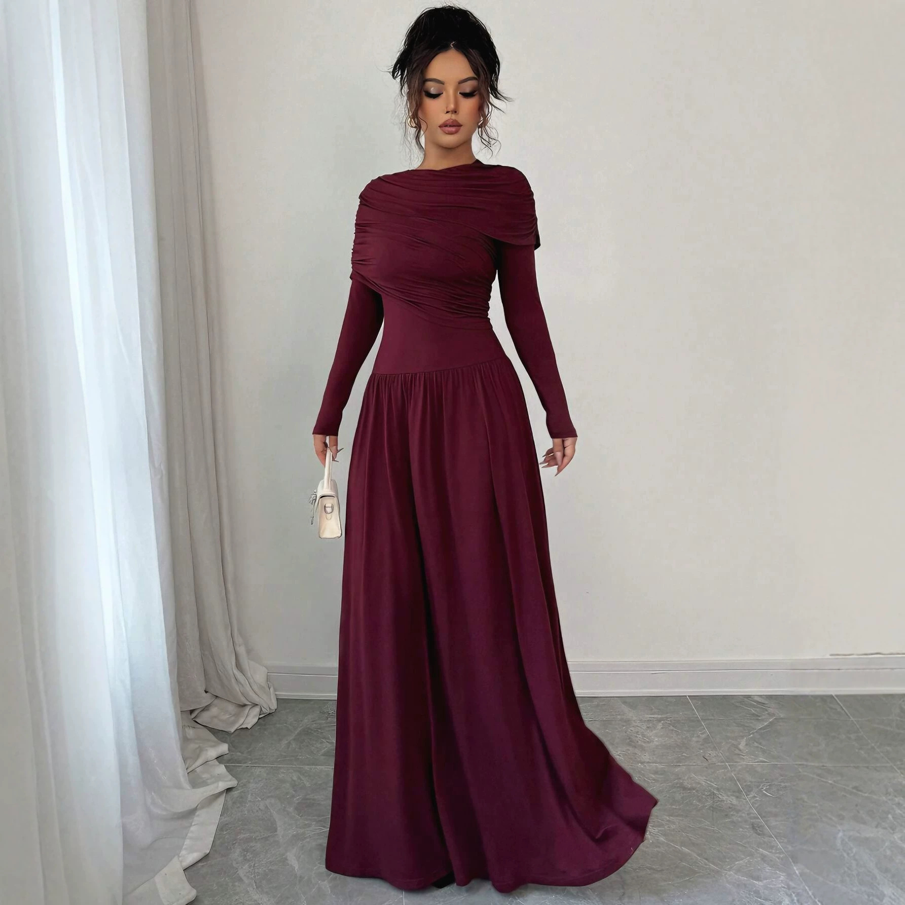 Designer Cape-Sleeve Long Evening Dress with One-Shoulder Neckline
