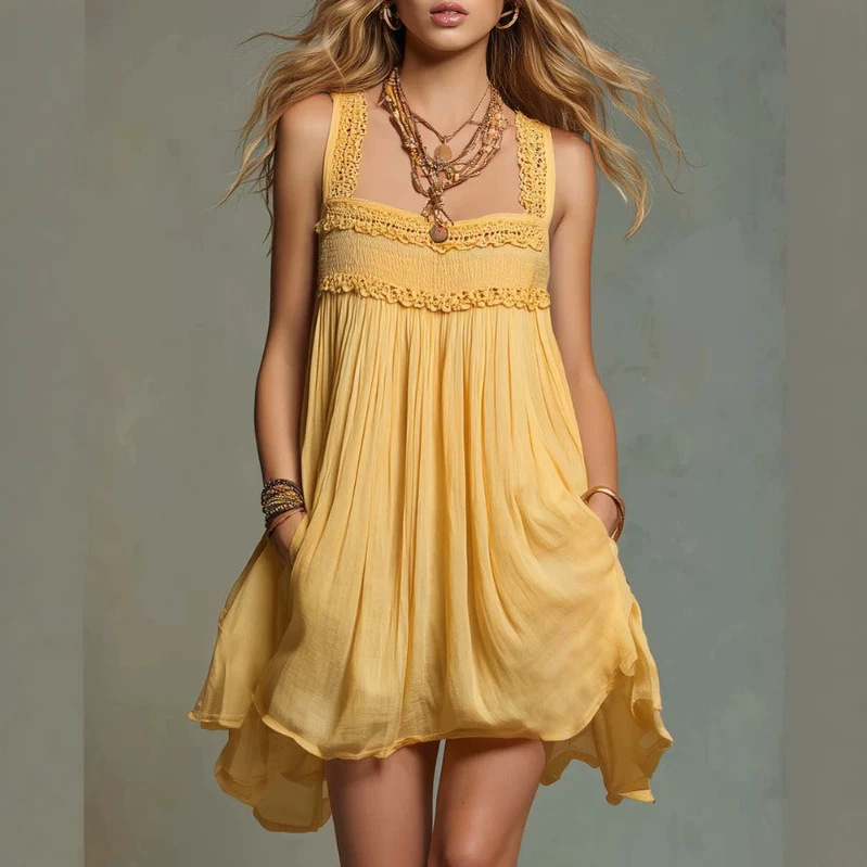 Bohemian Square Neck Sleeveless A-Line Mini Dress
