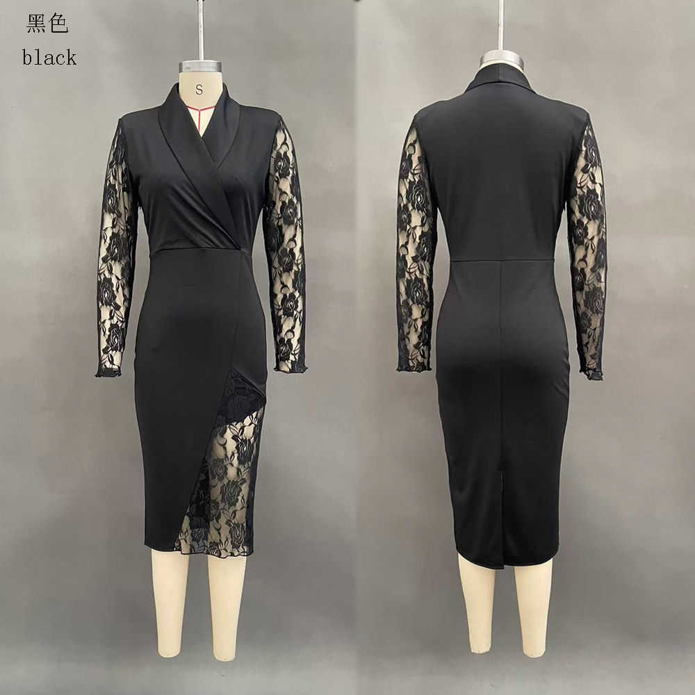 Solid Lace Panel Long Sleeve Notch Lapel Blazer Dress