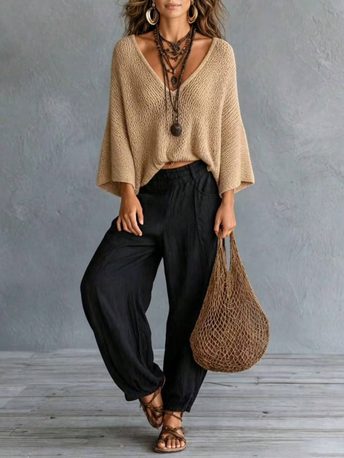 Women's Retro Open-Knit V-Neck Dolman Sleeve Pullover Sweater