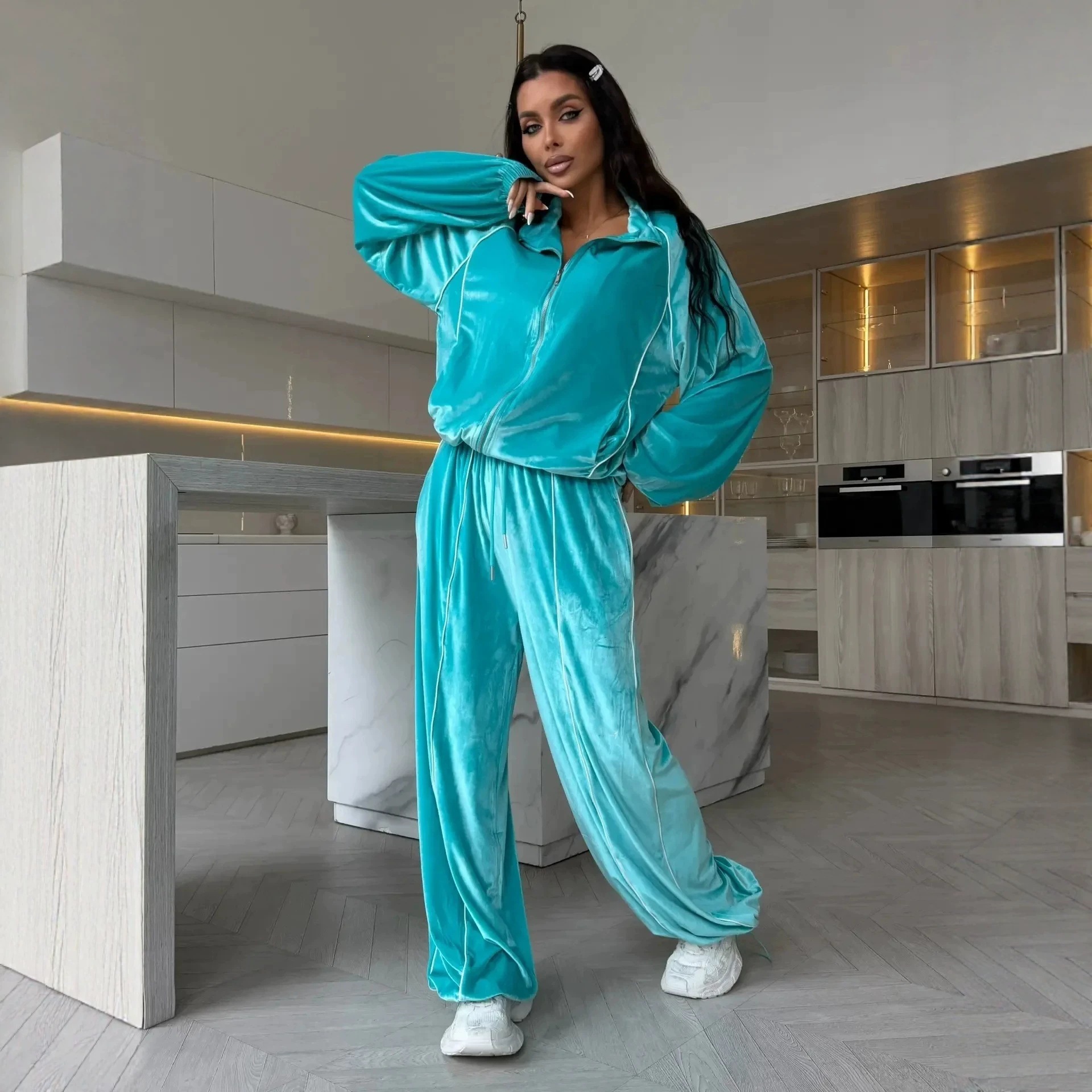 Velvet Striped Track Set with Zip-Up Stand Collar Jacket and Drawstring Wide-Leg Pants
