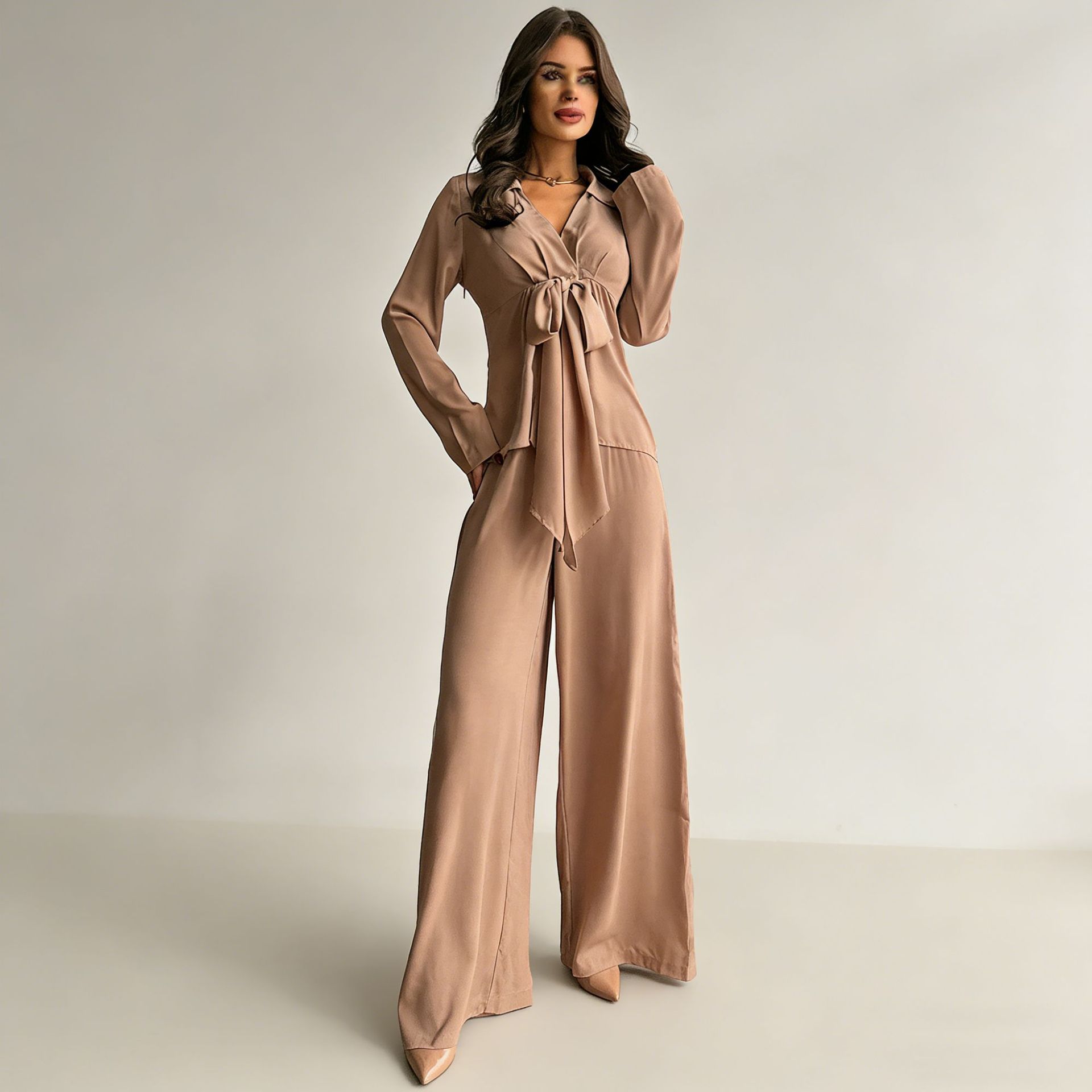 Women's Casual Two-Piece Set with Drawstring Top and Wide-Leg Pants
