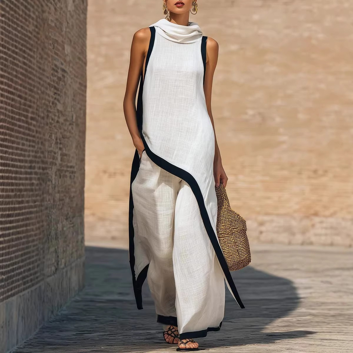Women's Sleeveless Top and Wide-Leg Pants Two-Piece Set with Asymmetrical Details