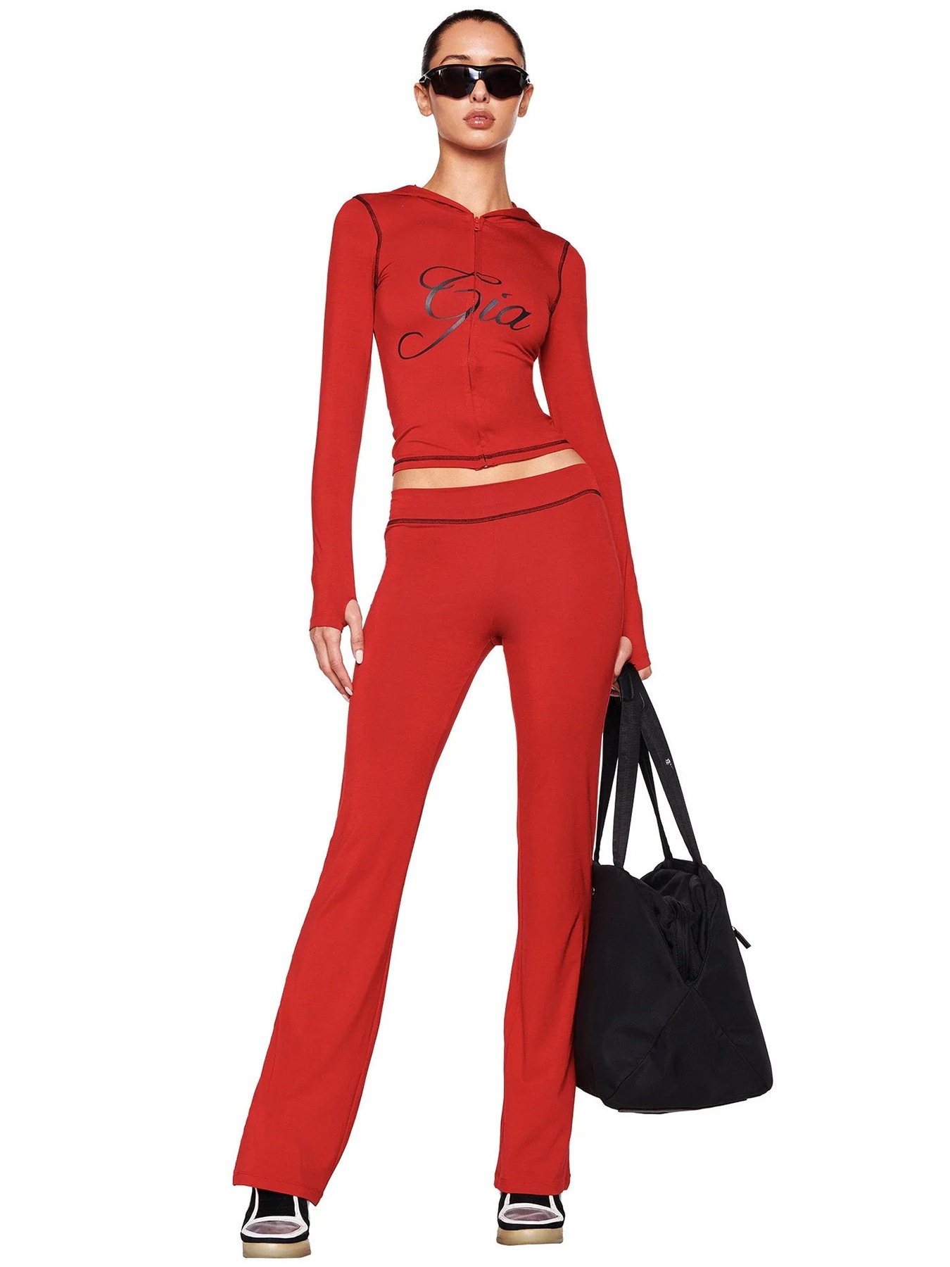Women's Printed Hooded Long-Sleeve Thumbhole Two-Piece Set with Flared Pants