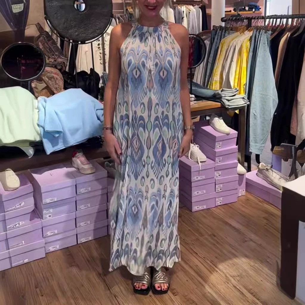 Women's Sleeveless Halter Neck Printed Maxi Dress