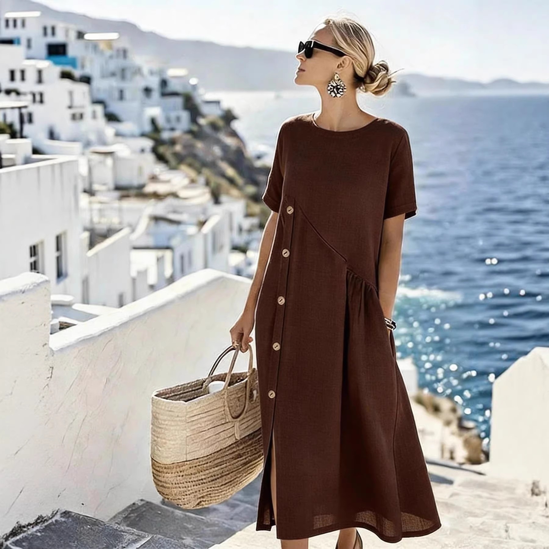 Women's Casual Button-Trim Midi Dress with Pockets