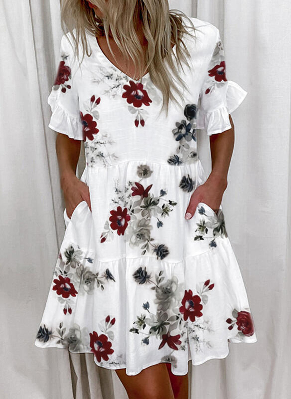 Women's V-Neck Floral Print Swing Dress Short Sleeve