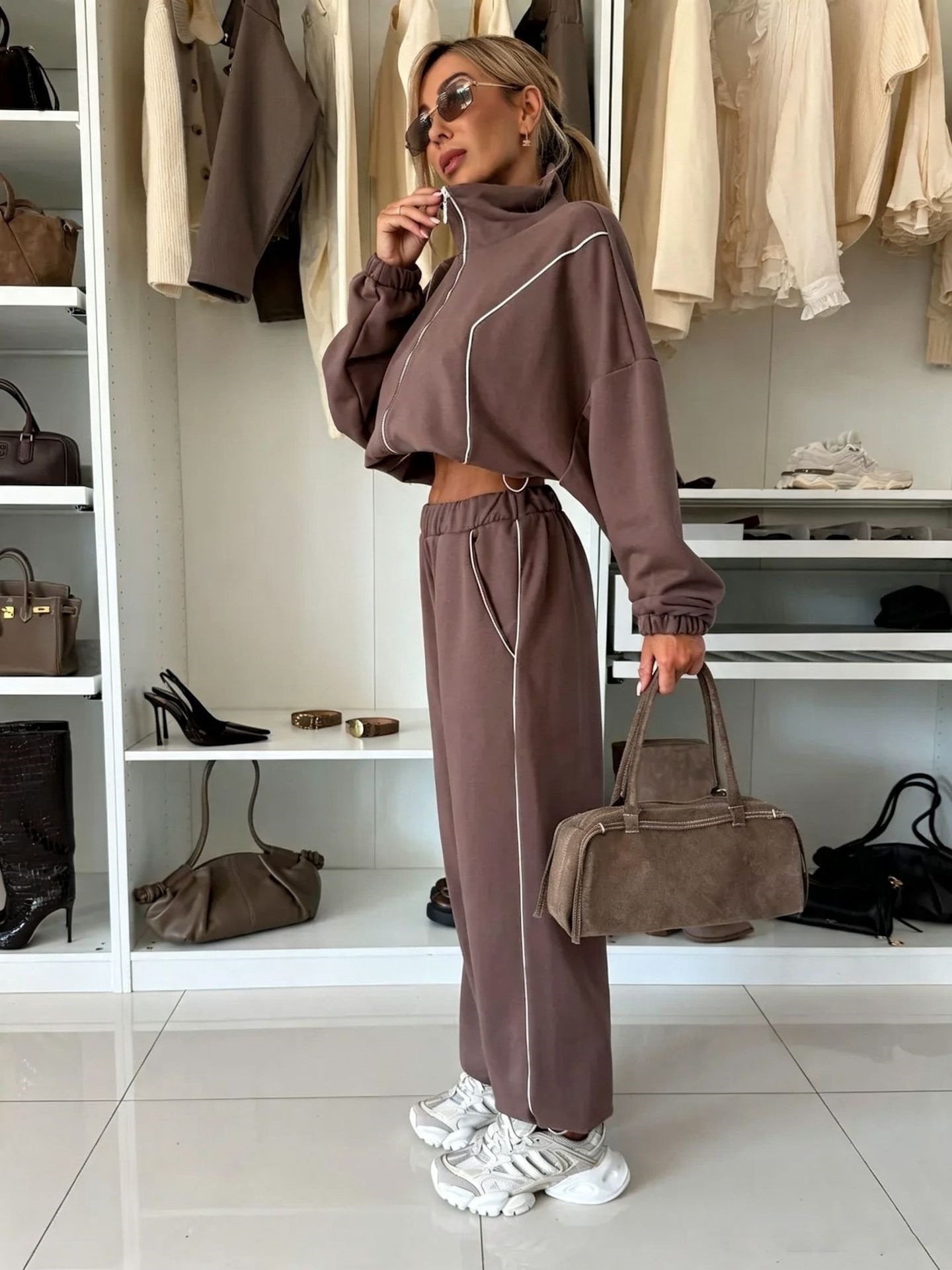 Striped Color-Block Long-Sleeve Stand-Collar Jacket & Pants Two-Piece Set