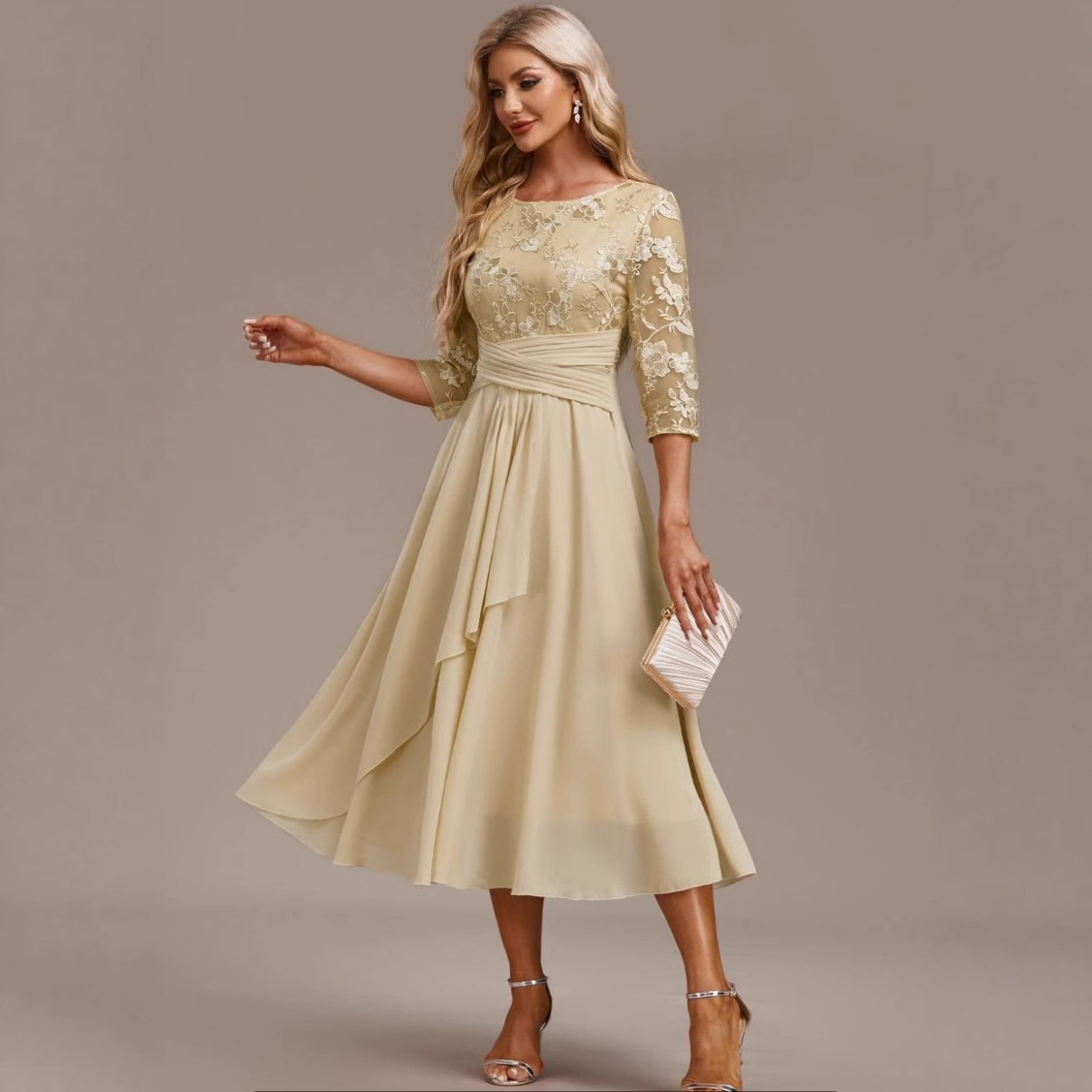 Women's Round Neck Lace Panel Chiffon Long Dress