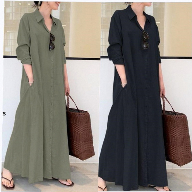 Solid Color Lapel Long Sleeve Pocketed Loose Long Shirt Dress