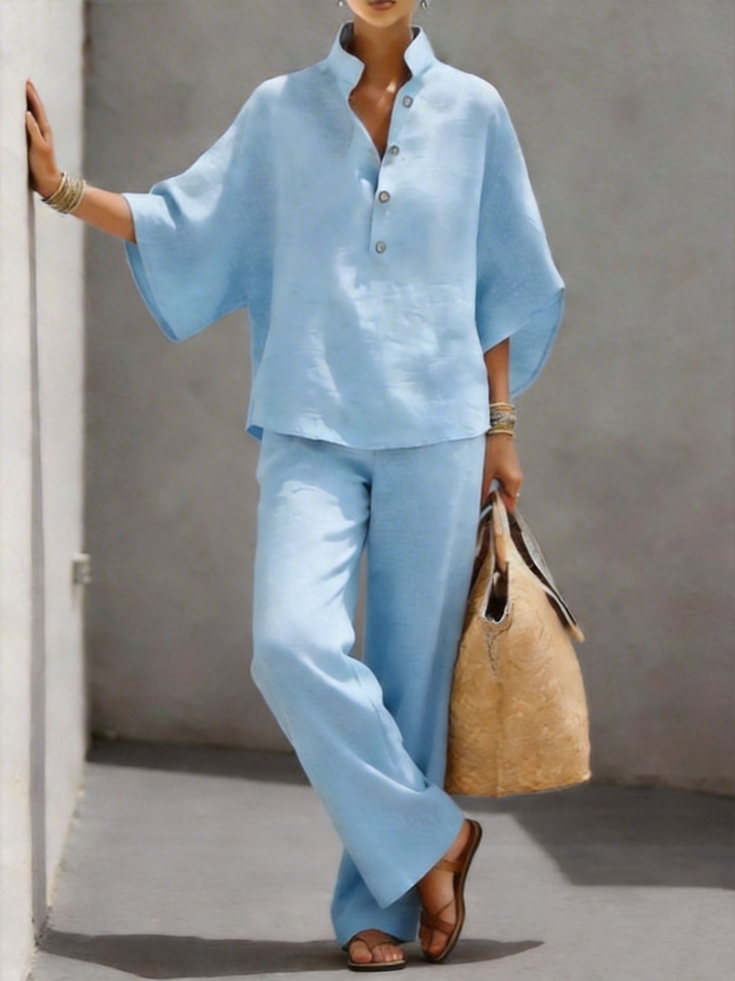 Women's Cotton-Linen Shirt and Pants Two-Piece Set