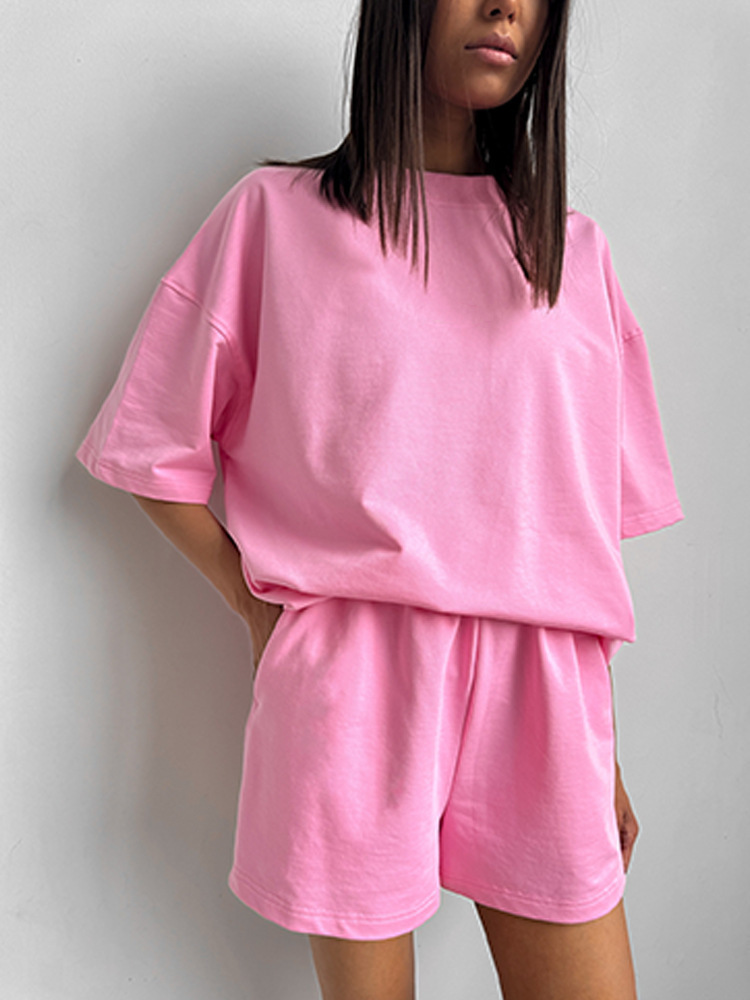 Women's Casual Two-Piece Short Sleeve Crewneck and Shorts Set Solid Color