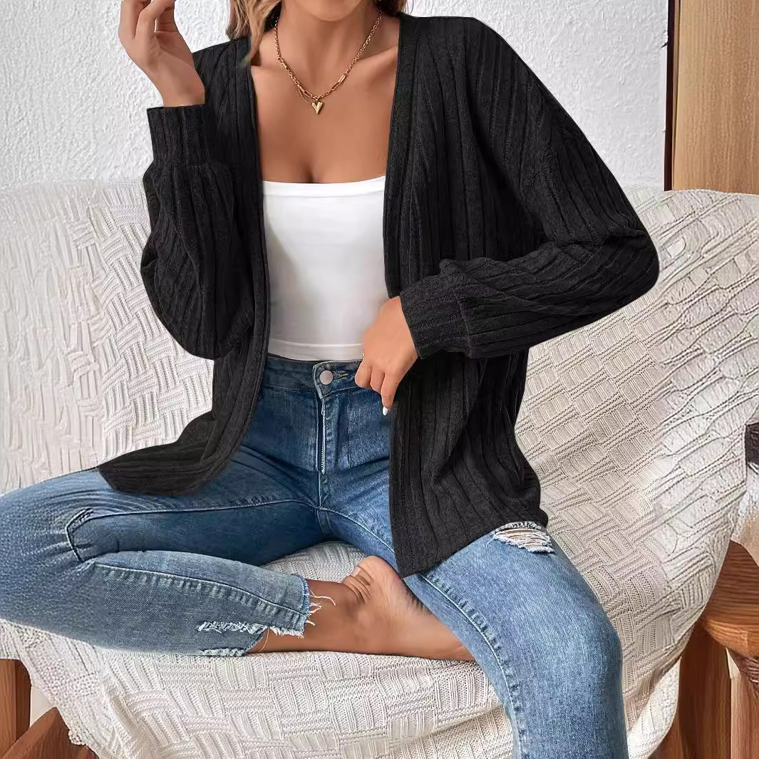Ribbed Brushed Solid Color Open-Front Cardigan Jacket for Women