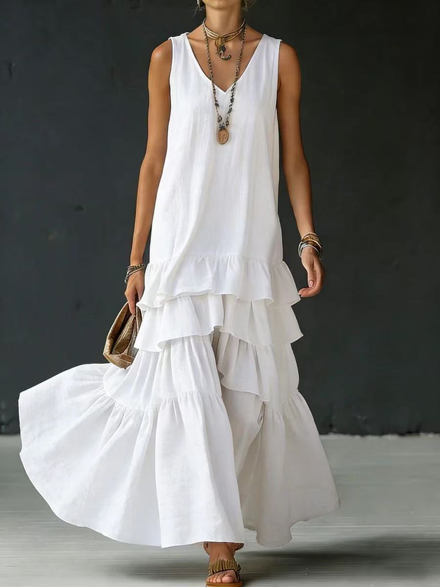 Solid Color Loose Fit Sleeveless Maxi Dress with Full Skirt
