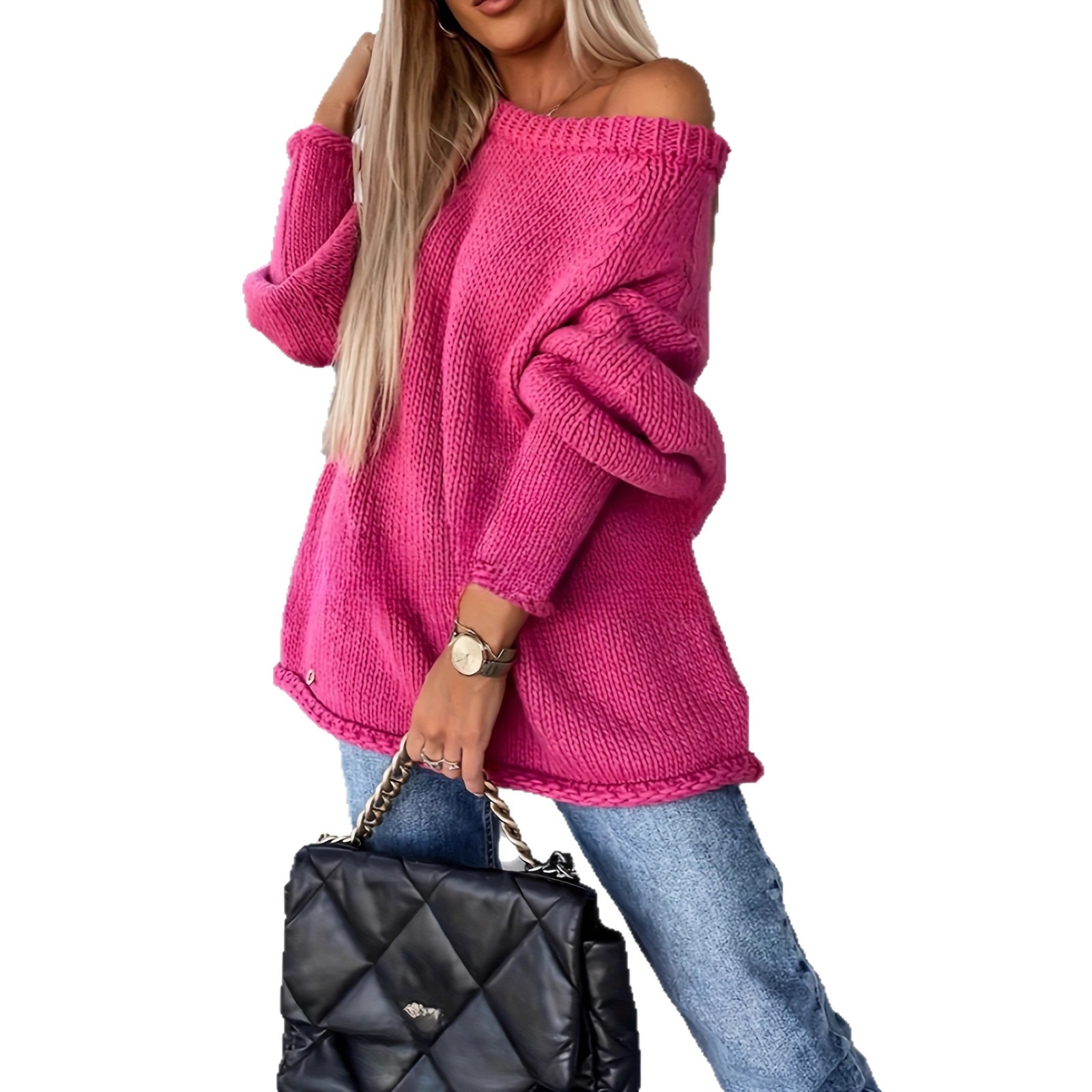 Off-Shoulder Crewneck Knit Sweater Solid Color Relaxed Fit