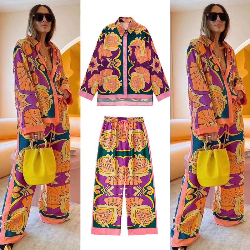 Women's Green Floral Print Long Sleeve Shirt and Skirt Set