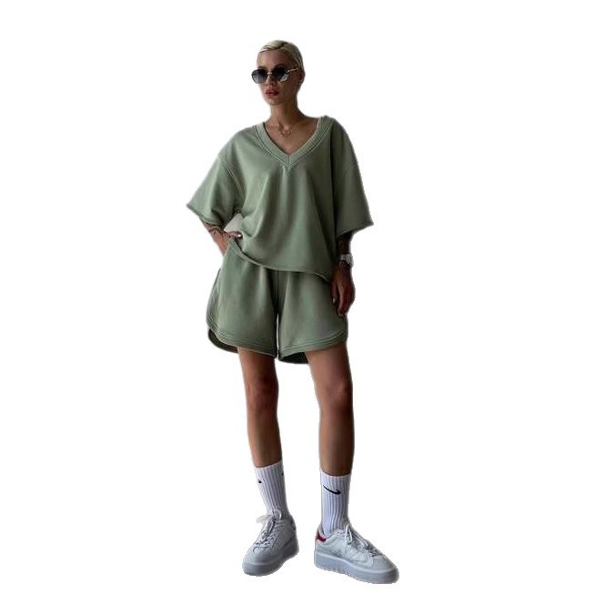 Women's V-Neck Short Sleeve Drawstring Shorts Two-Piece Casual Sport Set