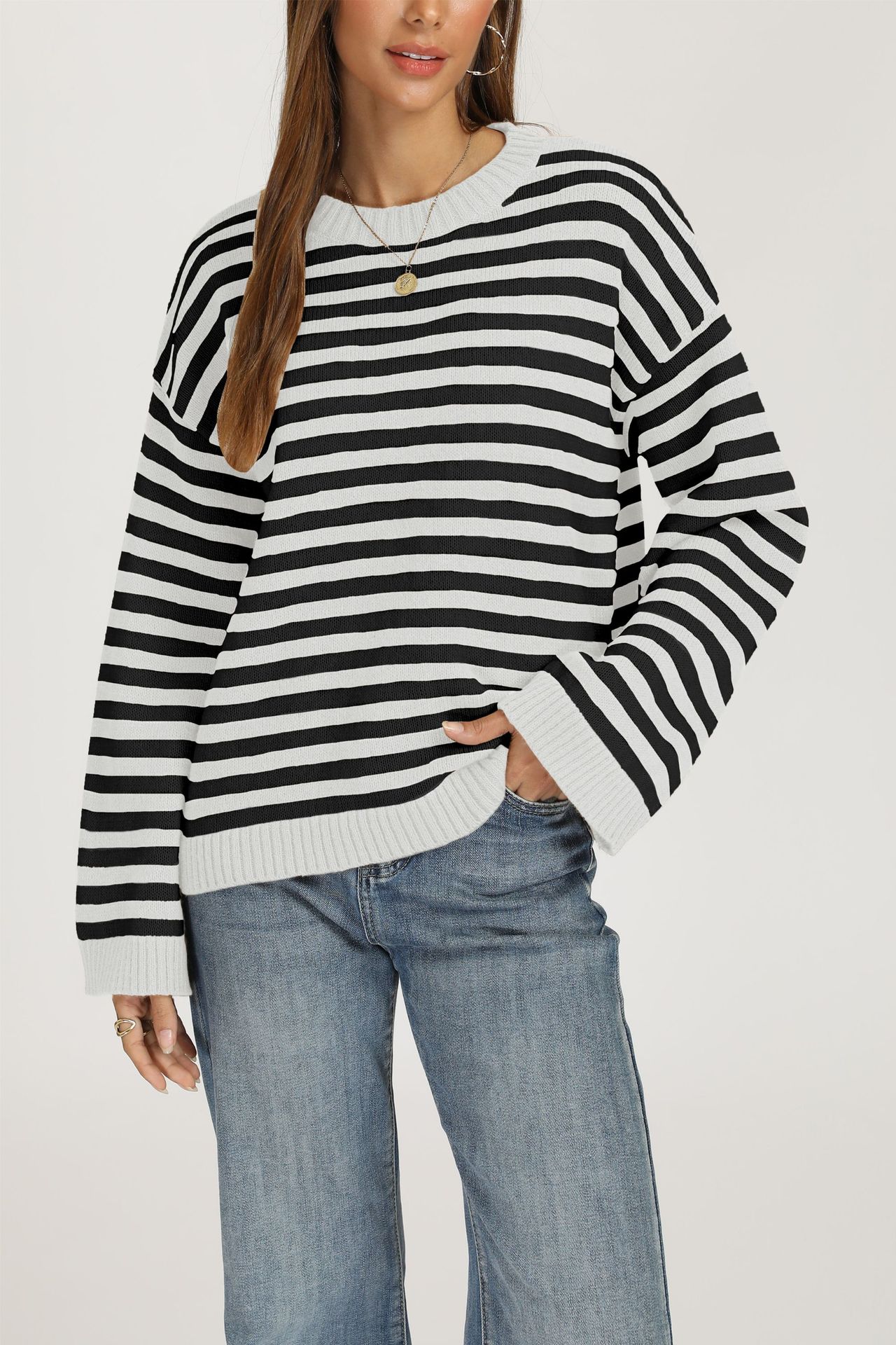 Striped Knit Pullover Sweater, Loose Fit Crew Neck Long Sleeve