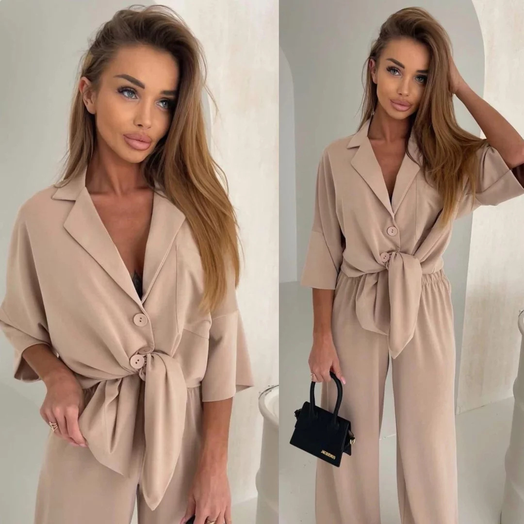 Women's Solid Color Single-Breasted Long-Sleeve Shirt and Elastic-Waist Pants Two-Piece Set