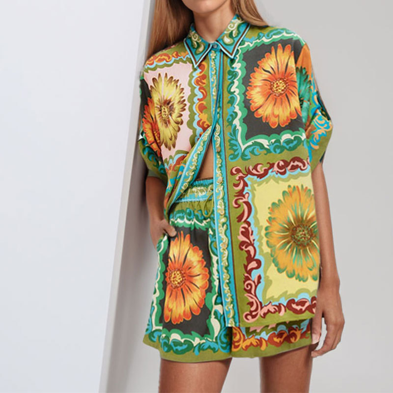 Women's Short Sleeve Printed Top and Shorts Set, Loose Casual Two-Piece, Green