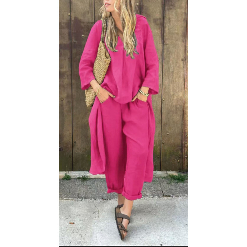 Women's Plus Size Cotton-Linen V-Neck Long Sleeve Top & Pants Set Casual Loungewear