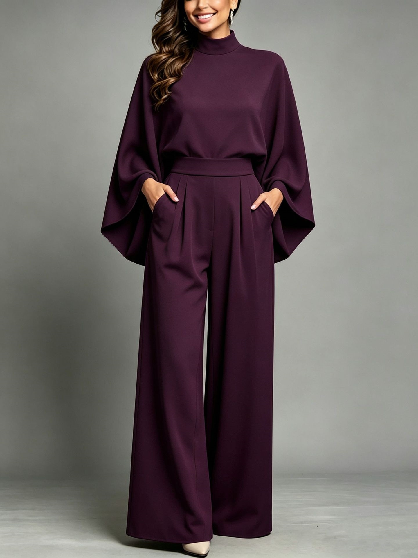 Women's Half-Turtleneck Wide-Leg Two-Piece Set, Long-Sleeve Knit Top and Pants, Loose Fit