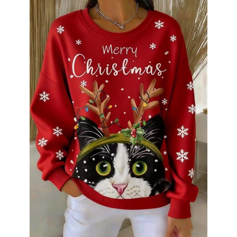 3D Print Colorblock Denim Collar Pullover Sweatshirt Women's Long Sleeve Loose Fit