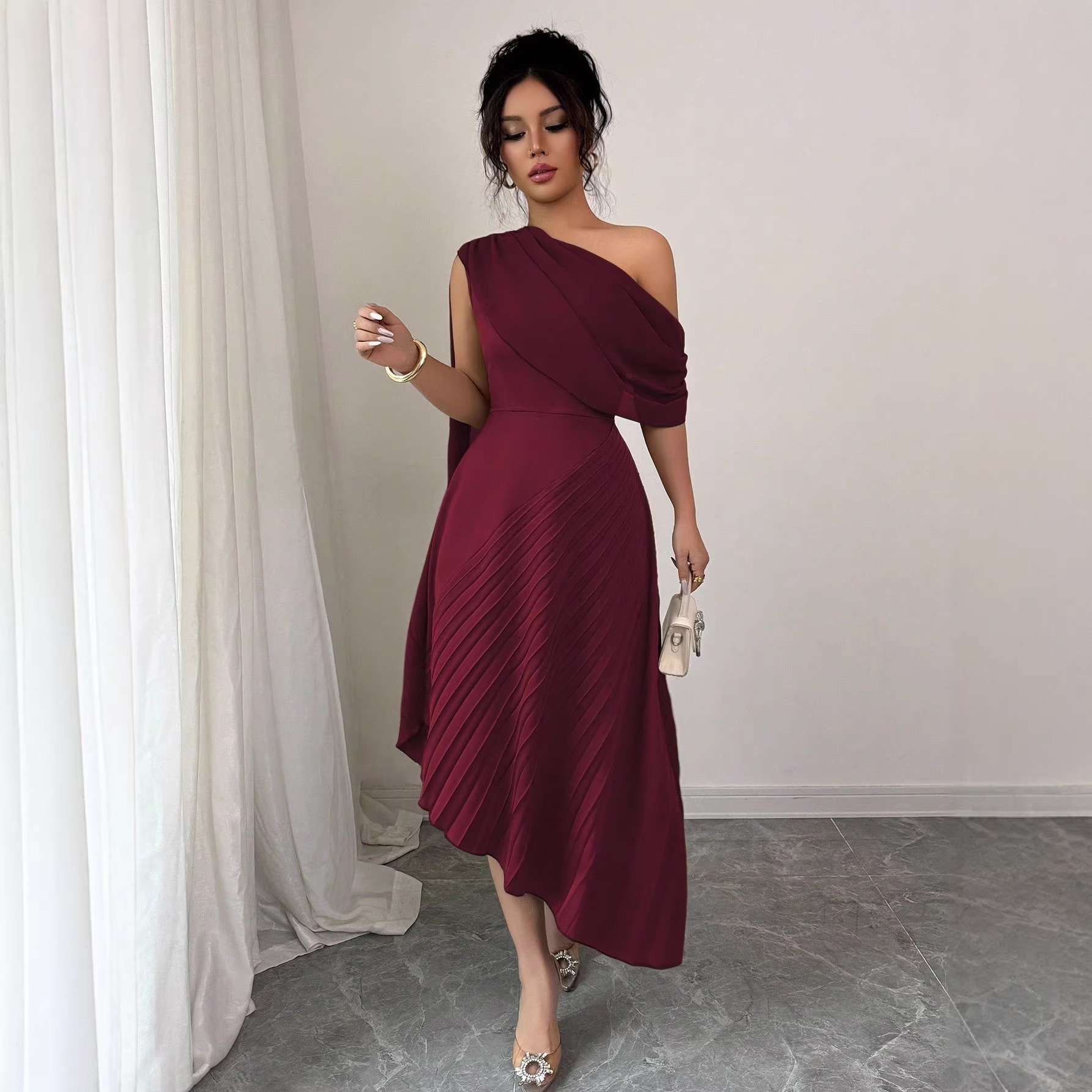 Women's One-Shoulder Ribbon Pleated Midi Dress Elegant Party Gown