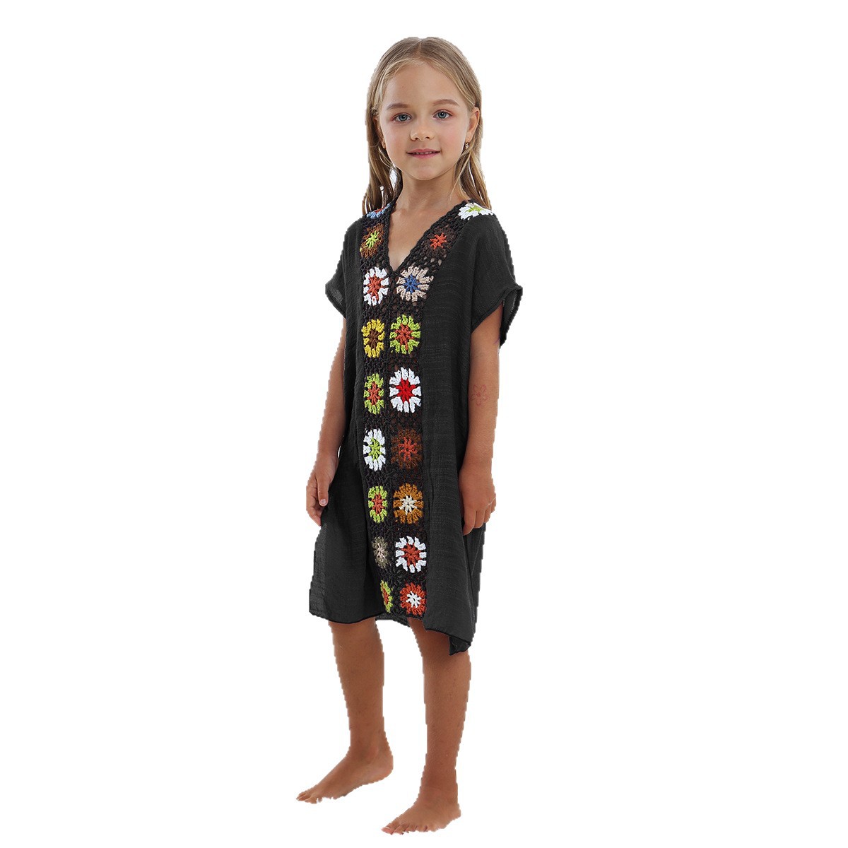 Kids' Crochet Floral Patchwork Long Loose Slit Dress