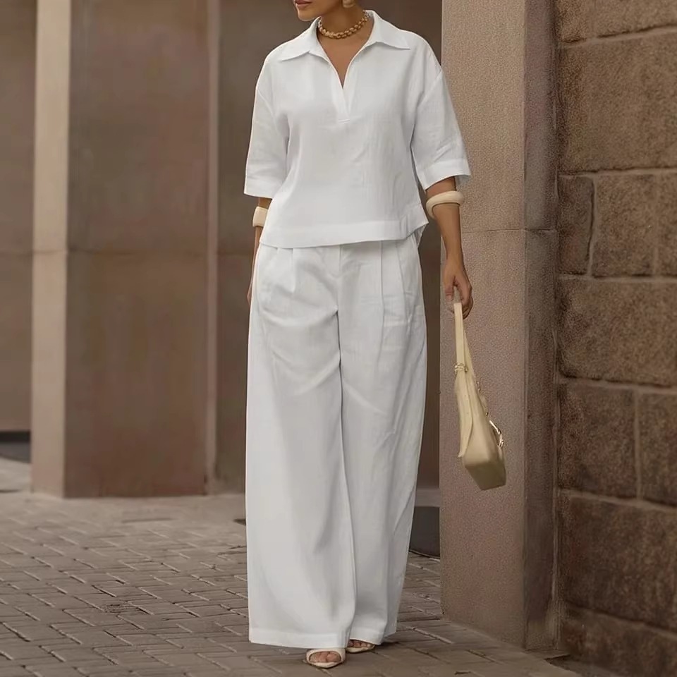 Women's Casual Two-Piece Shirt Collar Set Loose Fit Solid Color