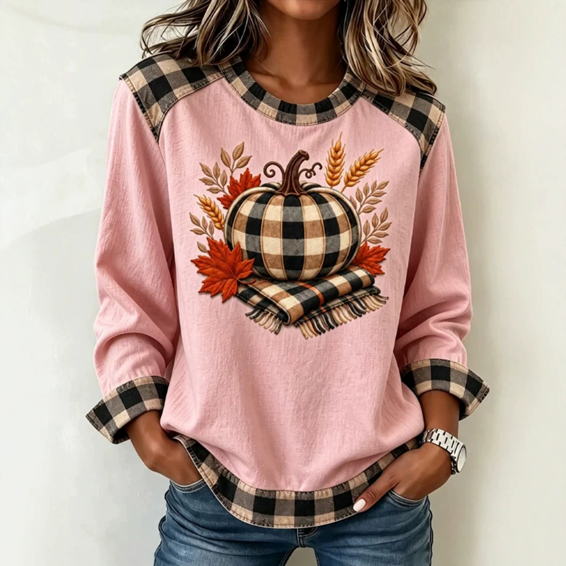 Pumpkin Maple Leaf Plaid Print Crewneck Long Sleeve Pullover Sweatshirt