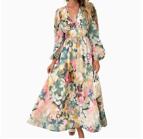 Bohemian Deep V-Neck Floral High-Waist Long-Sleeve Midi Dress