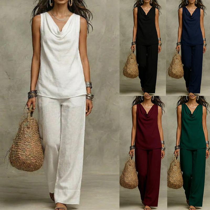 Solid Linen-Blend Sleeveless Tank Top and Wide-Leg Pants Set