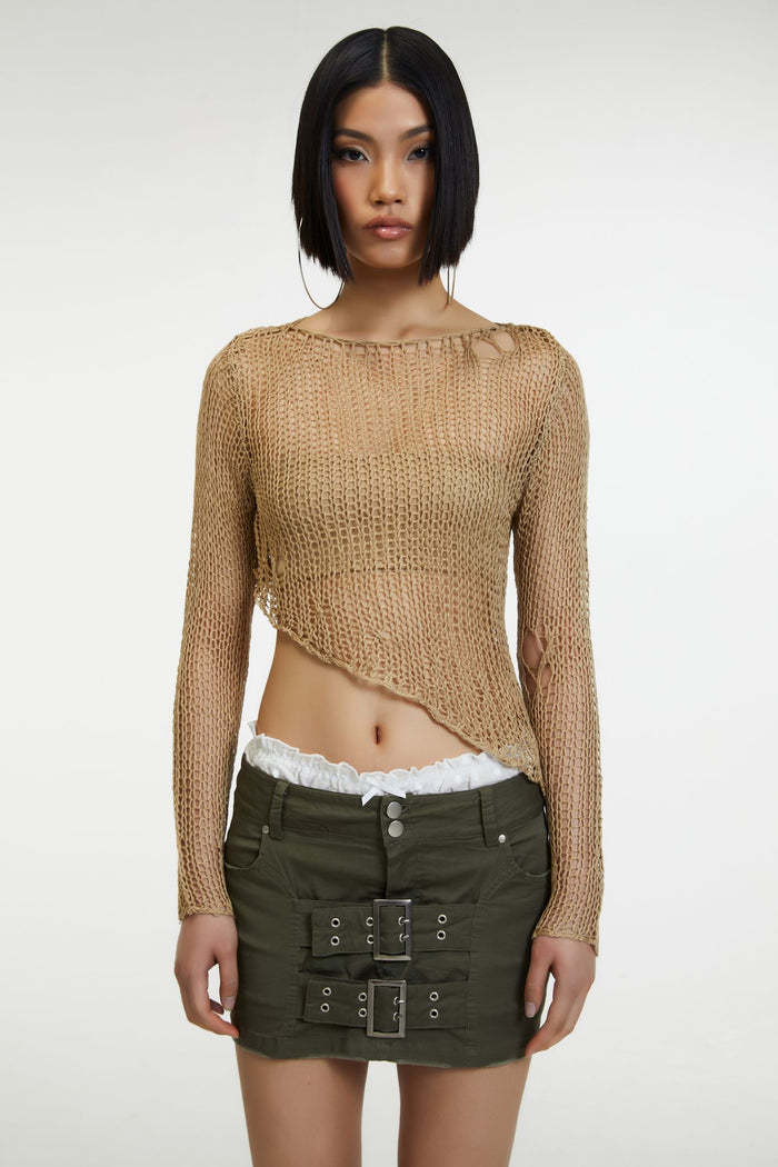 Women's Sheer Long Sleeve Crop Knit Top with Round Neck and Asymmetrical Cutout