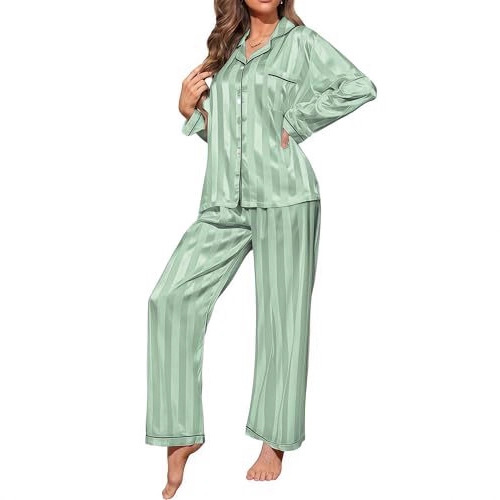 Women's Cuban Collar Striped Print Long Sleeve Top Set