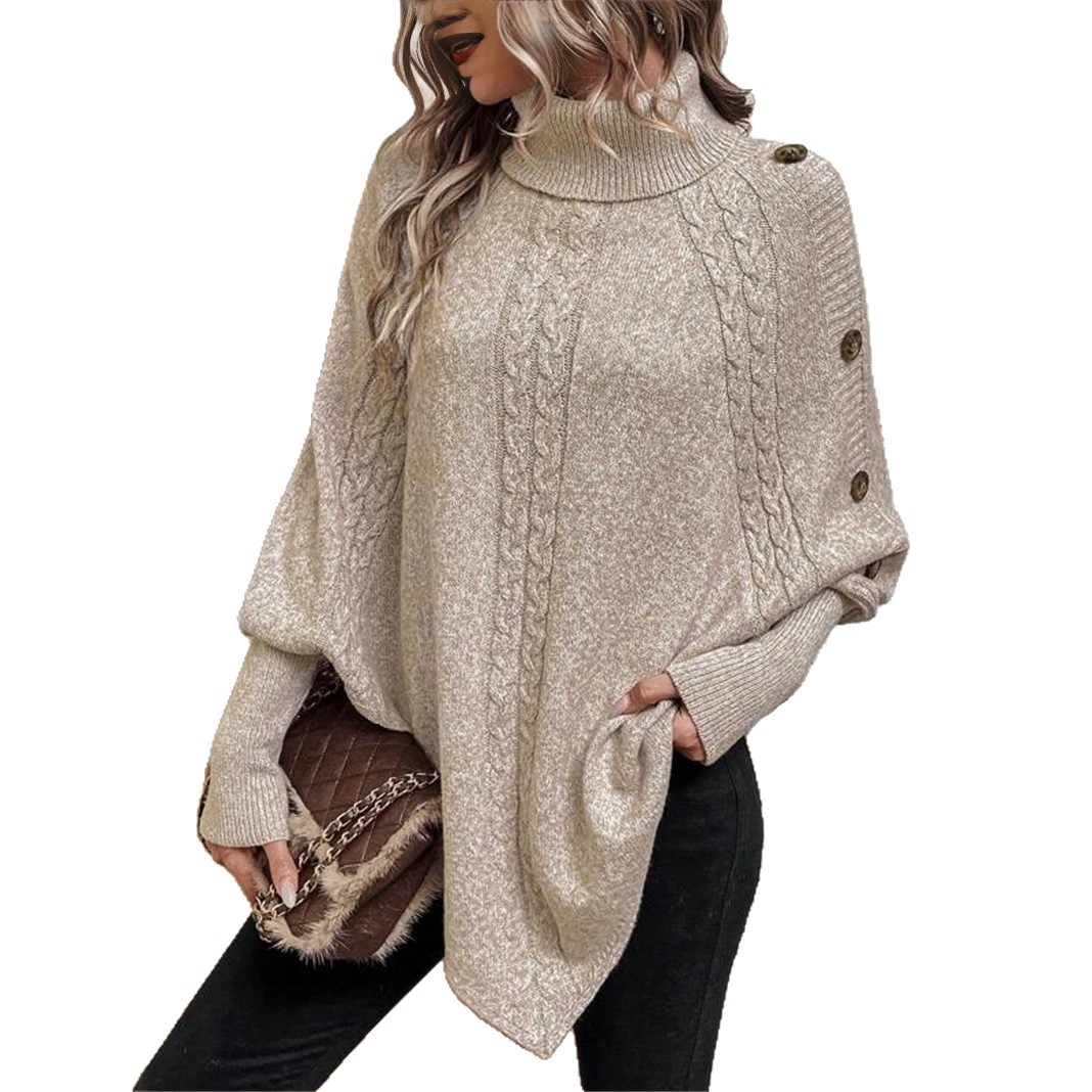 Cable-Knit Turtleneck Button-Trim Batwing Sweater
