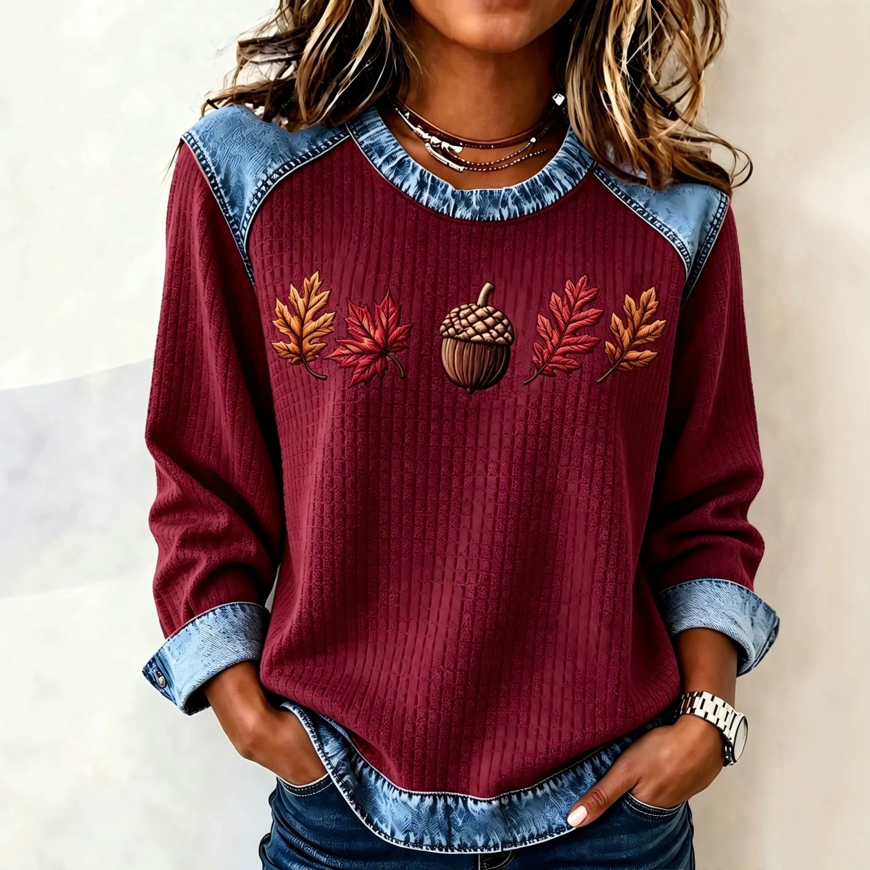 Nut Leaf Maple Print Crewneck Long Sleeve Pullover Sweatshirt