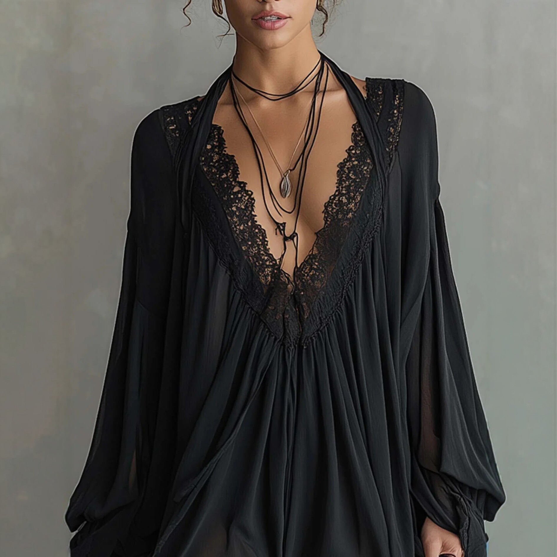 Black Lace Panel V-Neck Halter Nightgown Dress