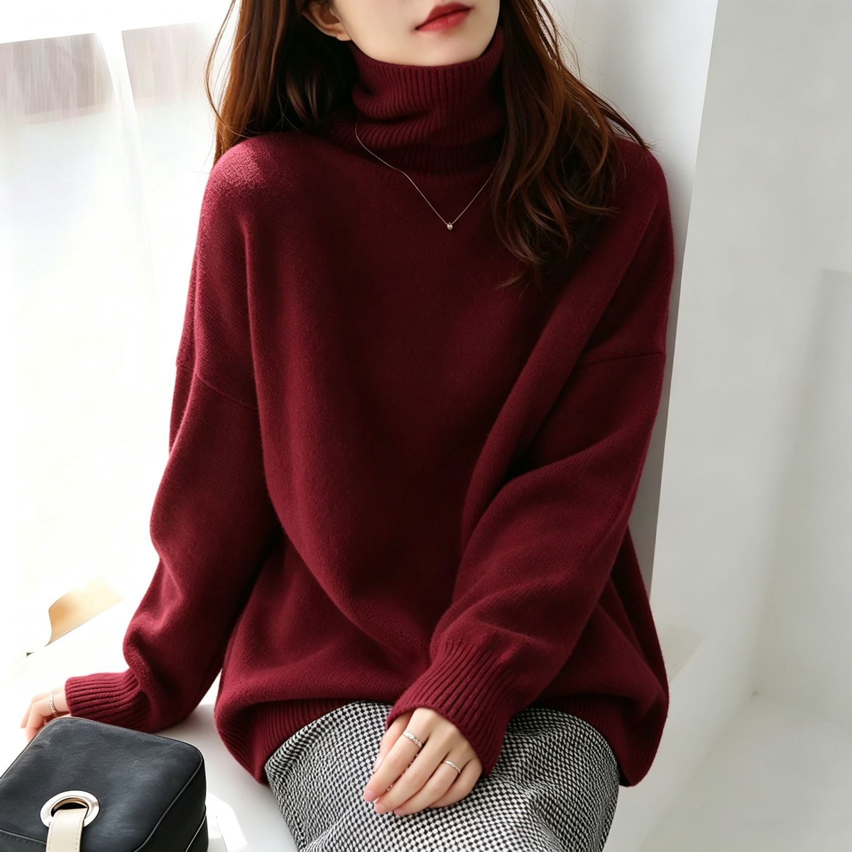 Women's Thick High-Neck Loose Knit Pullover Sweater