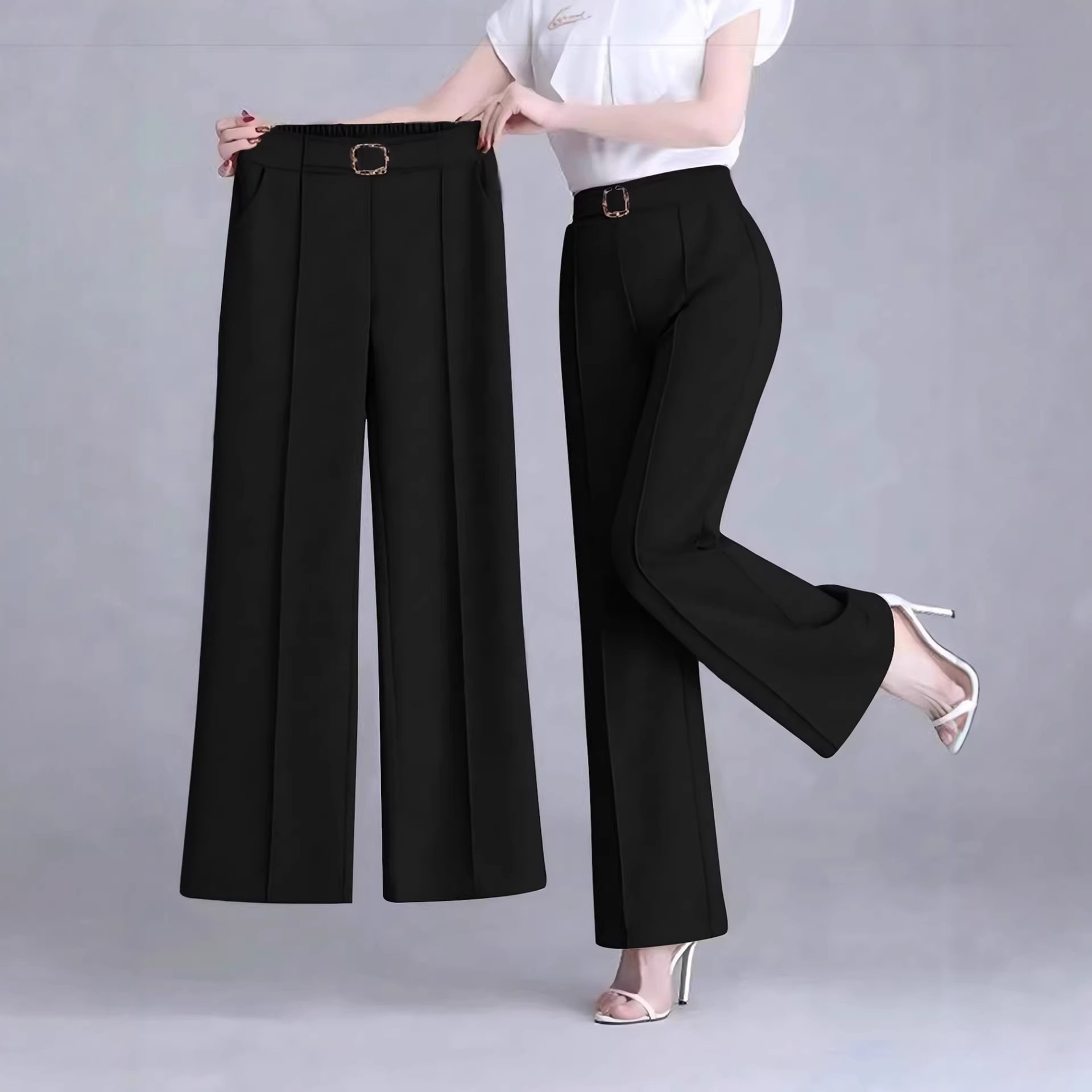 Women's High-Waist Flared Pants Solid Color Draped Casual