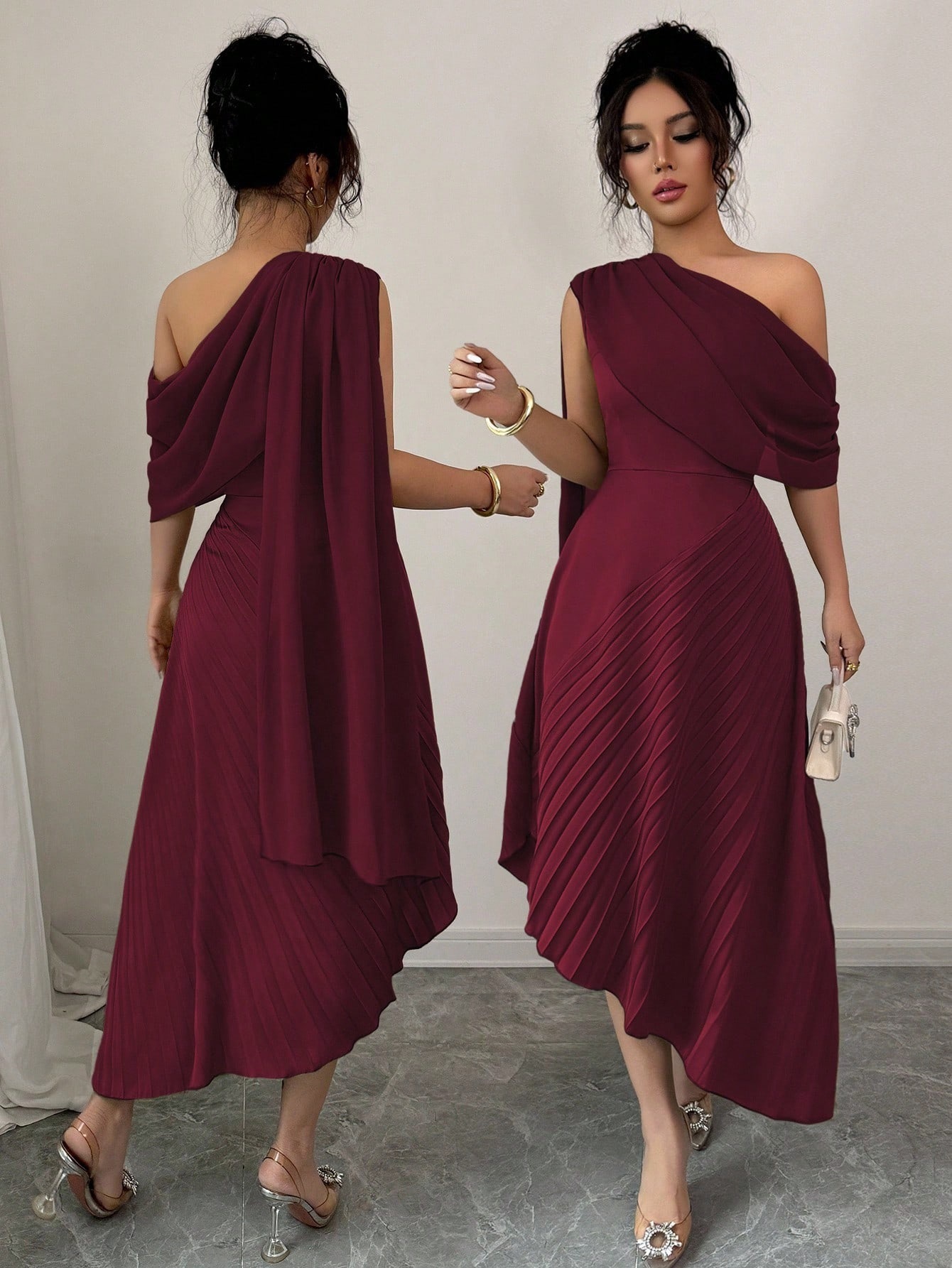 Women's One-Shoulder Ribbon Pleated Midi Dress Elegant Party Gown