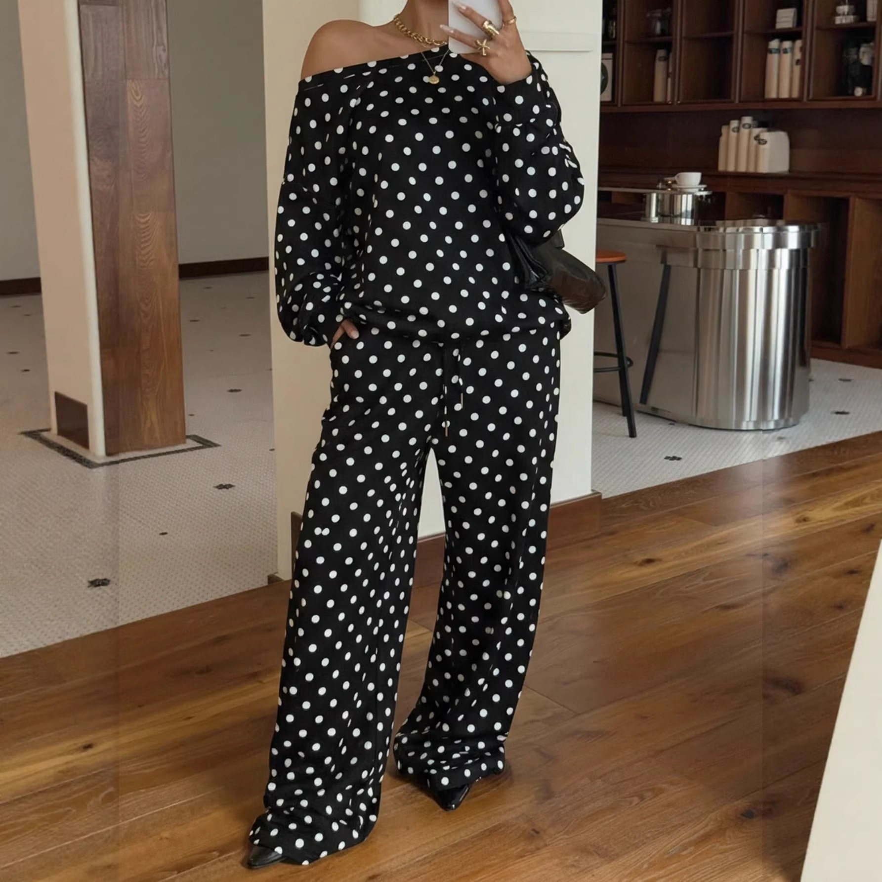 Women's Polka Dot Print One-Shoulder Long Sleeve Drawstring Pants Casual Two-Piece Set