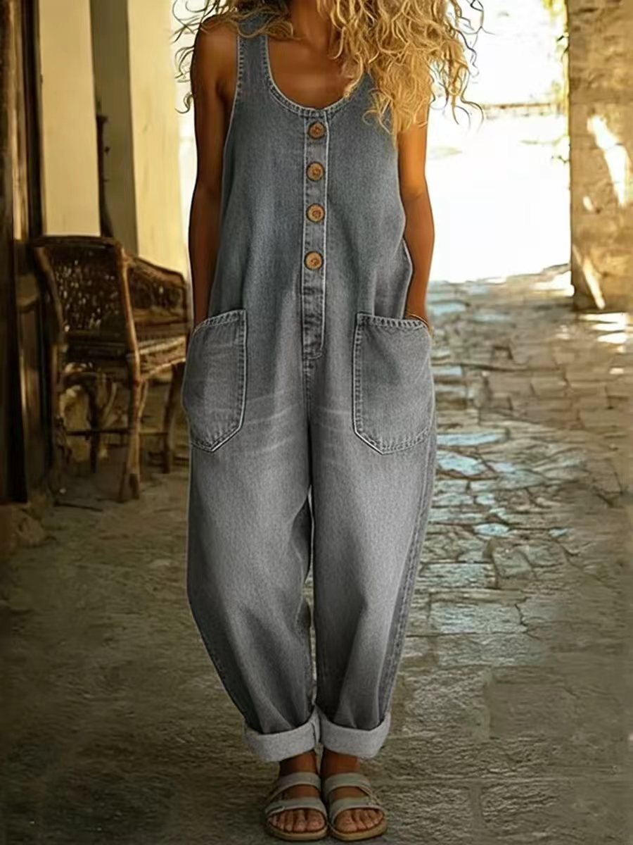 Women's Casual Vintage Denim Jumpsuit with Multi Pockets