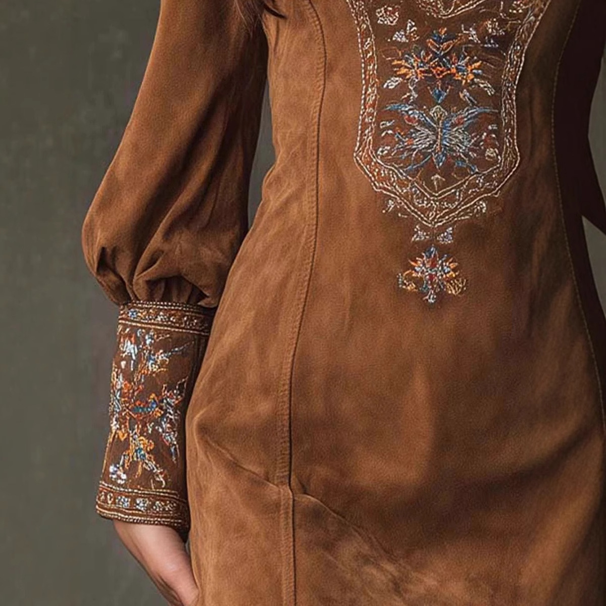 Women's Long Sleeve V-Neck Embroidered Bodycon Mini Dress