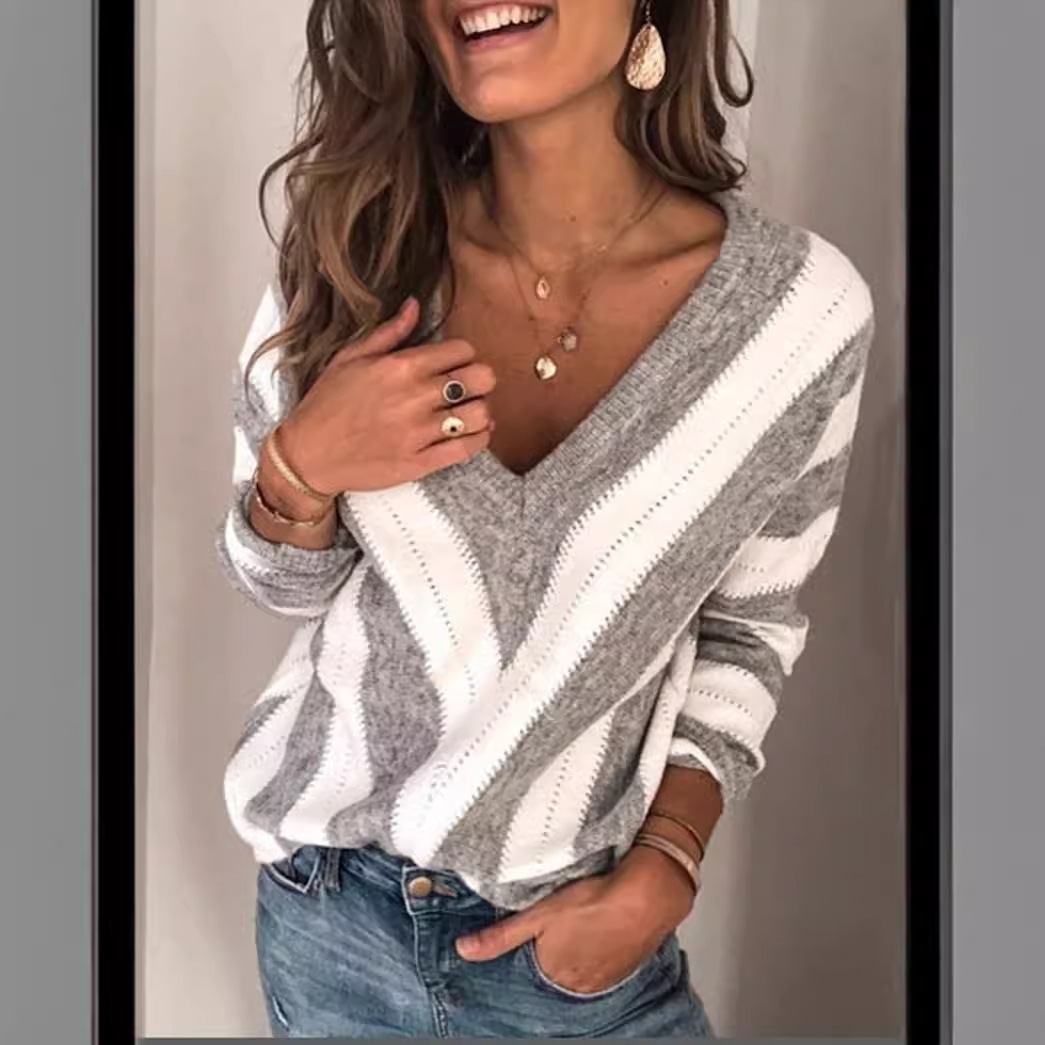 V-Neck Striped Knit Sweater for Women