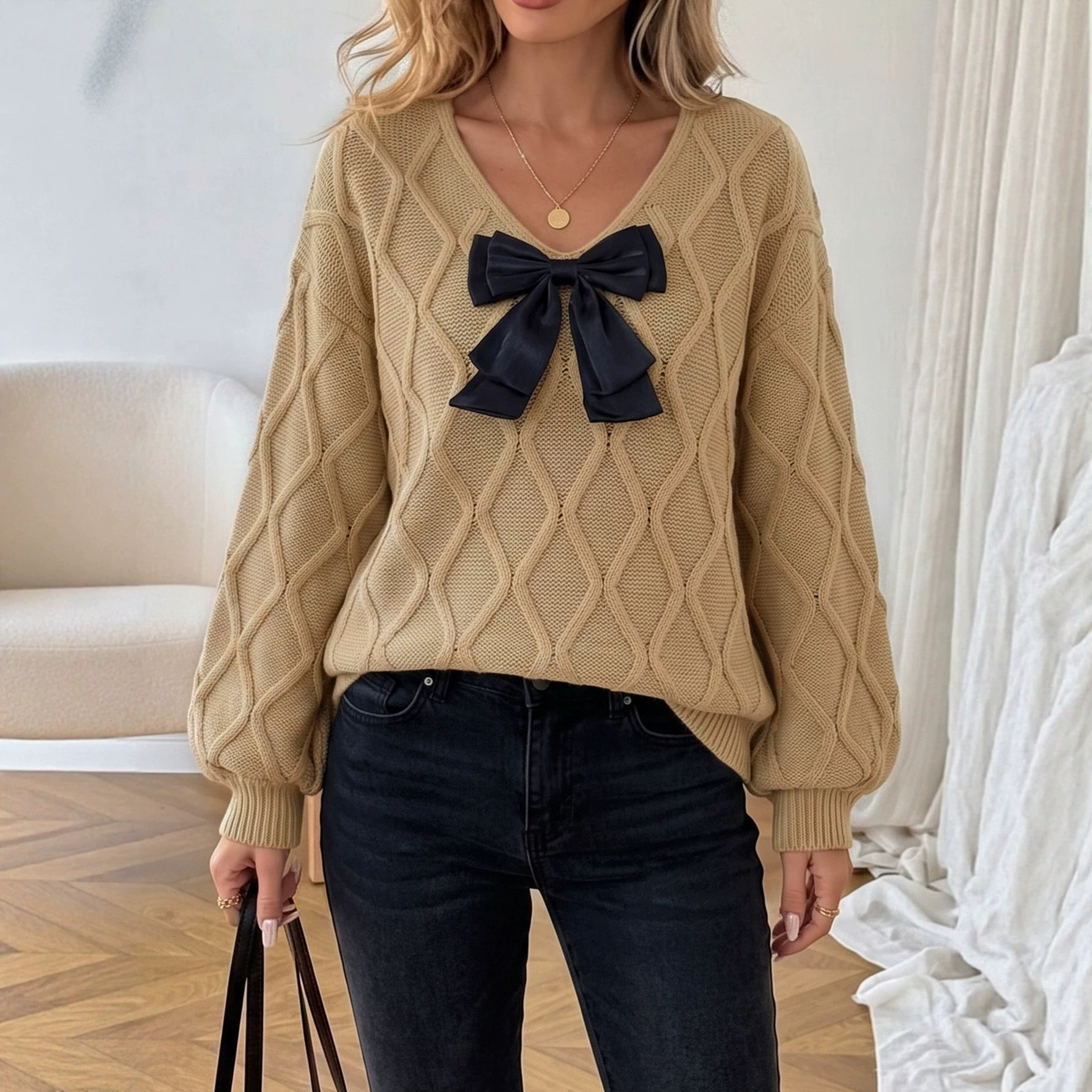 V-Neck Bow Long-Sleeve Loose Knit Sweater
