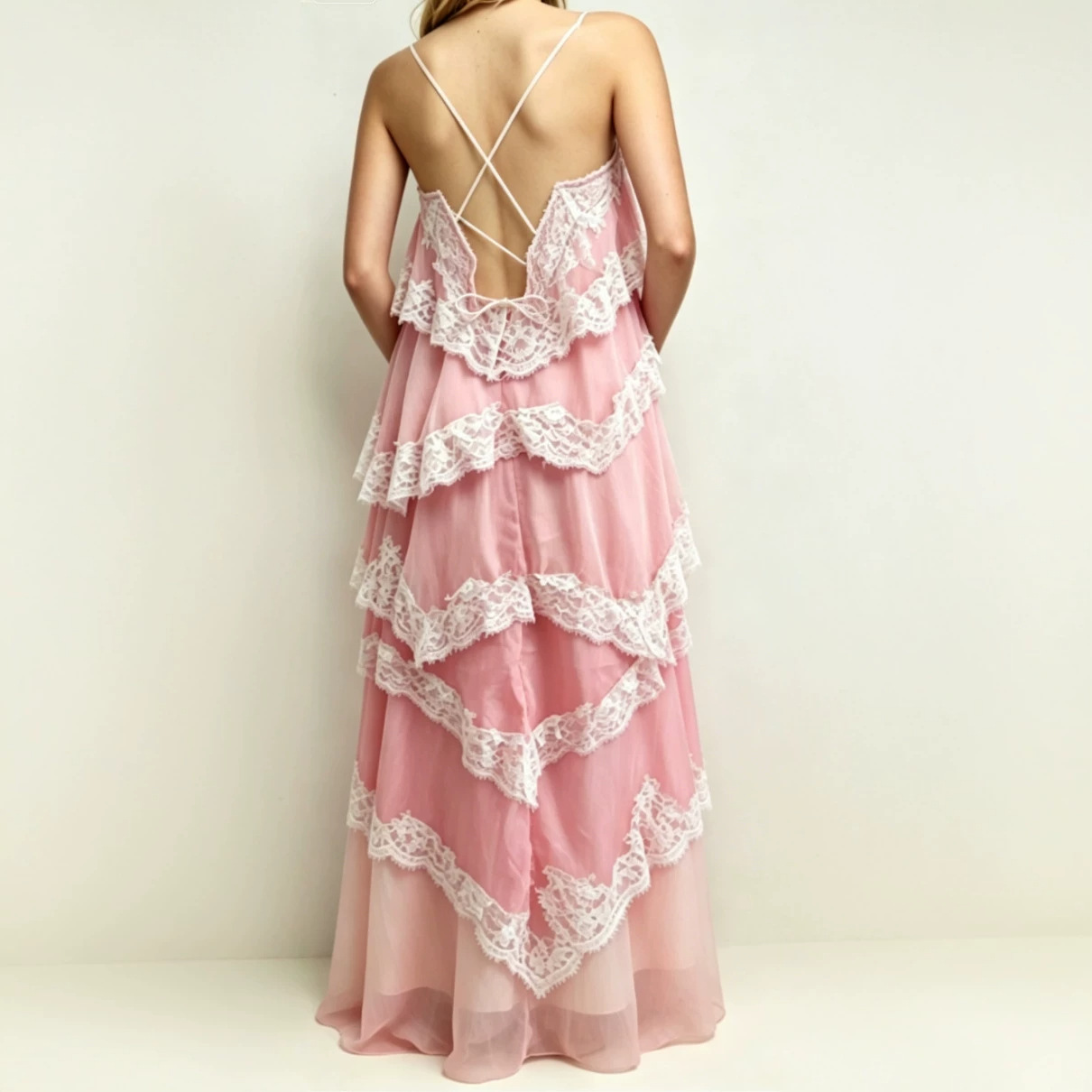 Pink Lace Open-Back Cami Dress Tiered Ruffle Long Vacation Dress