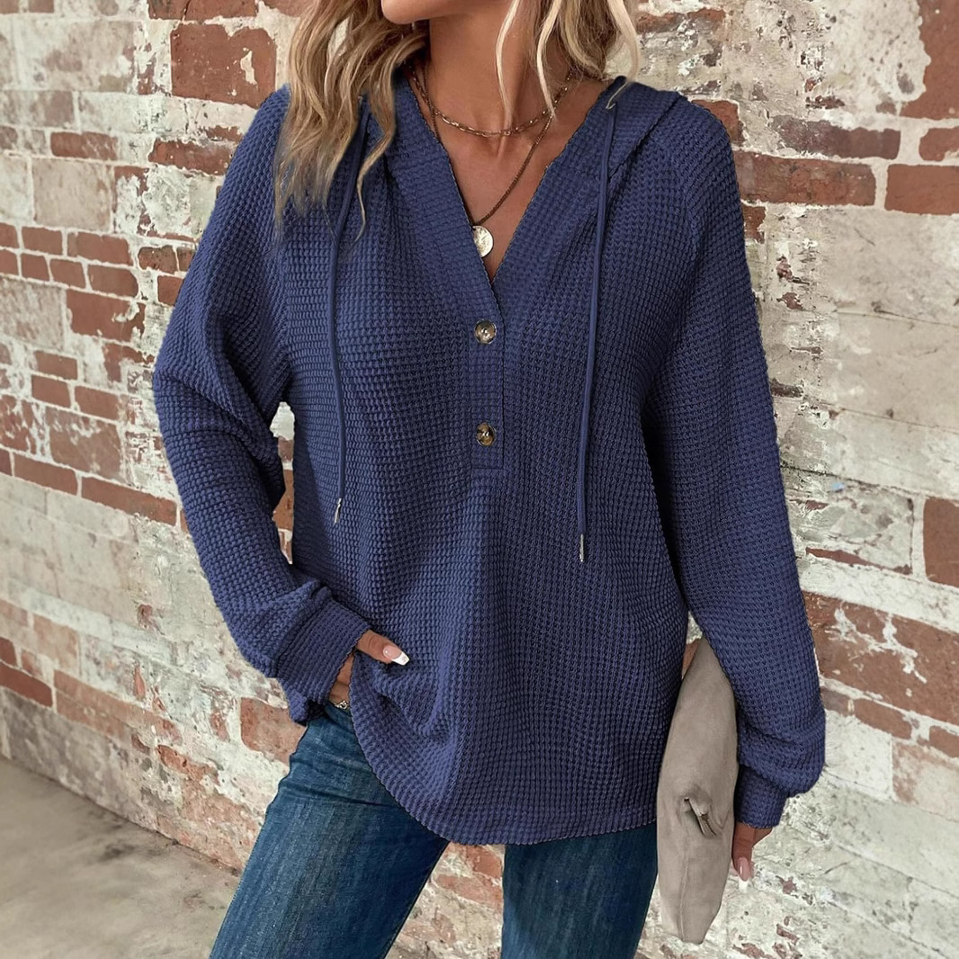 Women's Waffle Knit Drawstring Hoodie Button V-Neck Long Sleeve Pullover